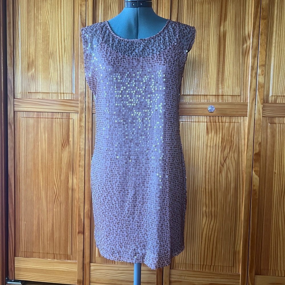 LC Lauren Conrad Sequin Blush/Rosegold Mini Shift Dress Size Small
